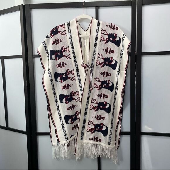 [l] Creme White Knit Holiday Poncho Sweater with Navy Blue & Red Reindeer Print - Picture 3 of 14